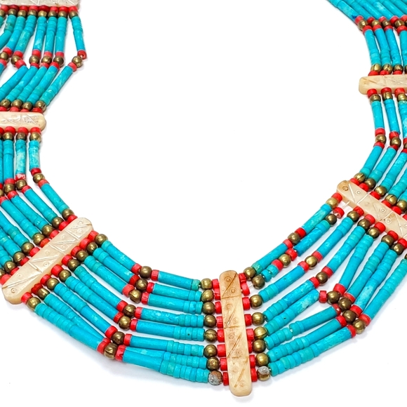 Tribal Blue Turquoise & Red Coral  Necklace Ethnic Bohemian Clay 8 Stran… - Picture 1 of 12